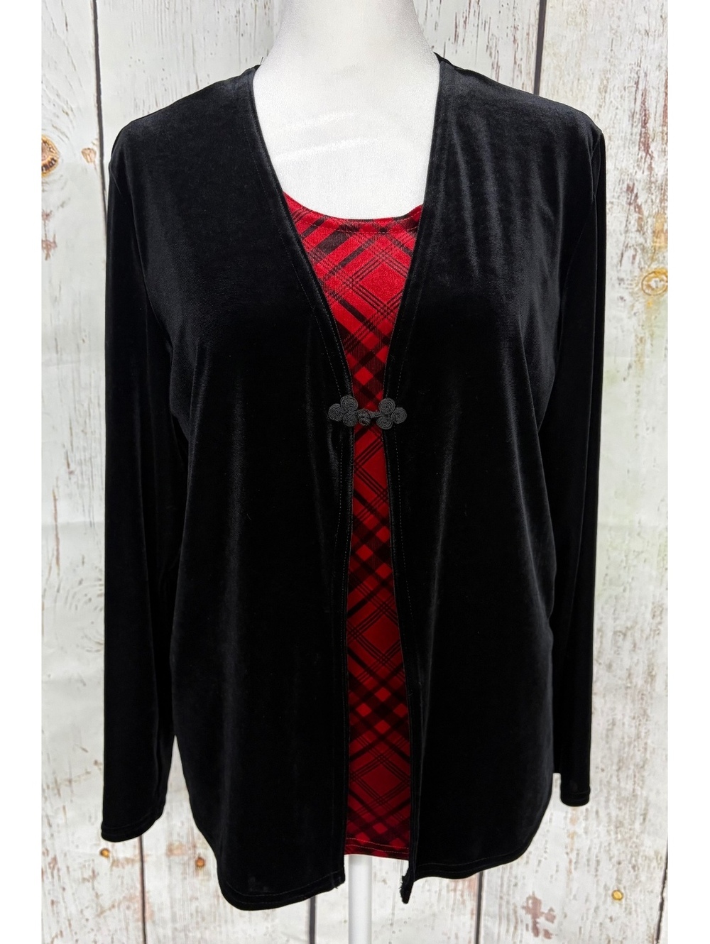 Kathie Lee Women’s Vintage 90’s Black And Red Velvet & Plaid Layered Top Size S